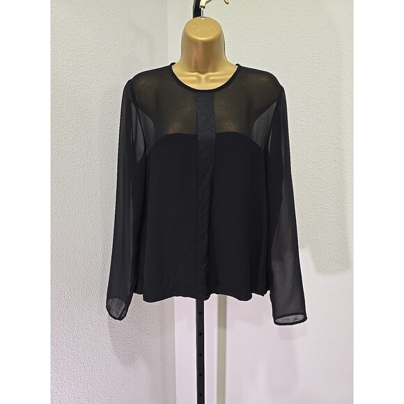 Zara Black Crepe Sheer Satin Stripe Top Blouse Lge Minimalist Dressy Long Sleeve - Picture 6 of 6